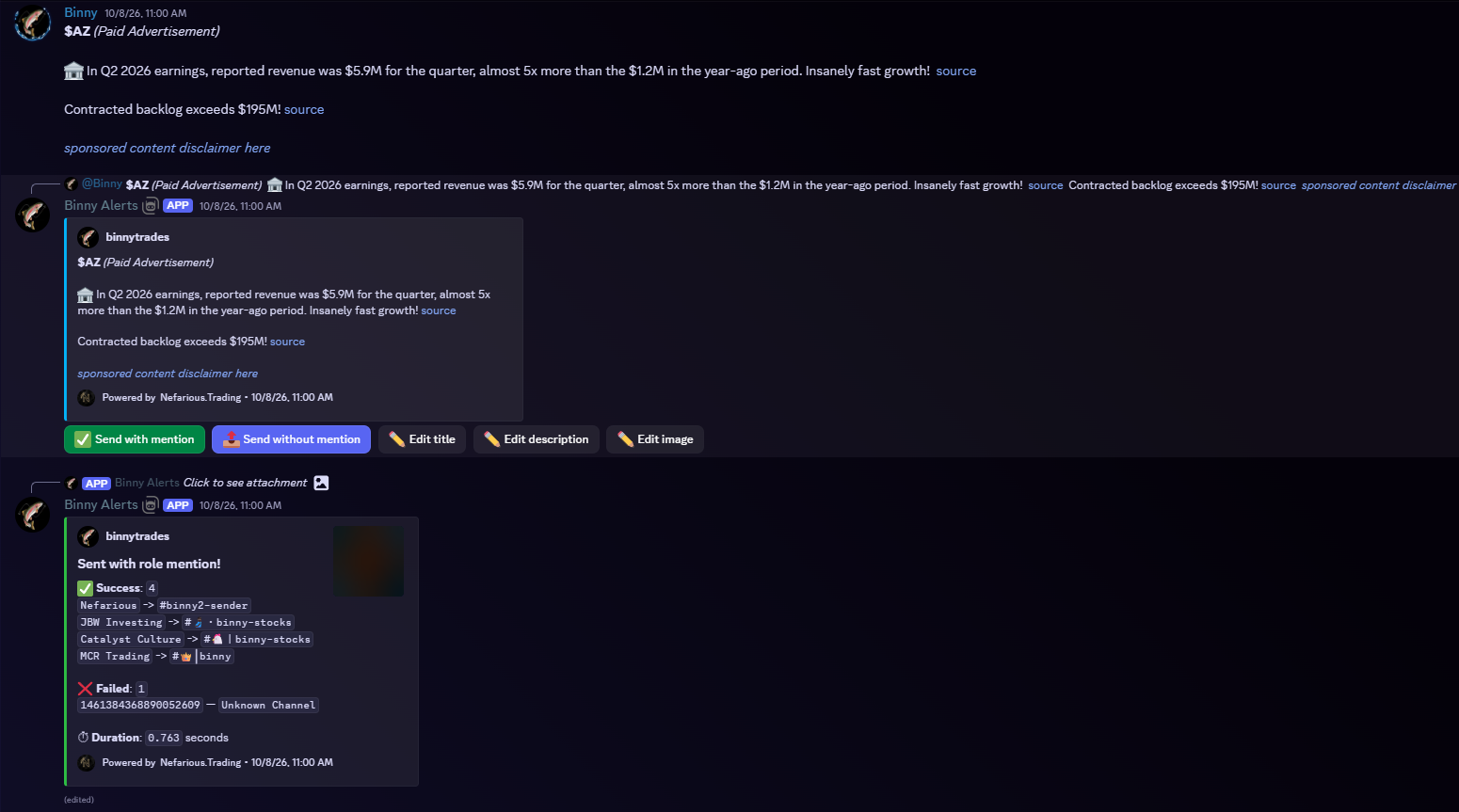 Actual Discord-client message-region screenshot. Messages are dated October 8, 2026, 11:00 AM in the client’s displayed timezone. The paid-advertisement label and delivery failure are preserved. This is evidence of software behavior, not an endorsement of the promotion.